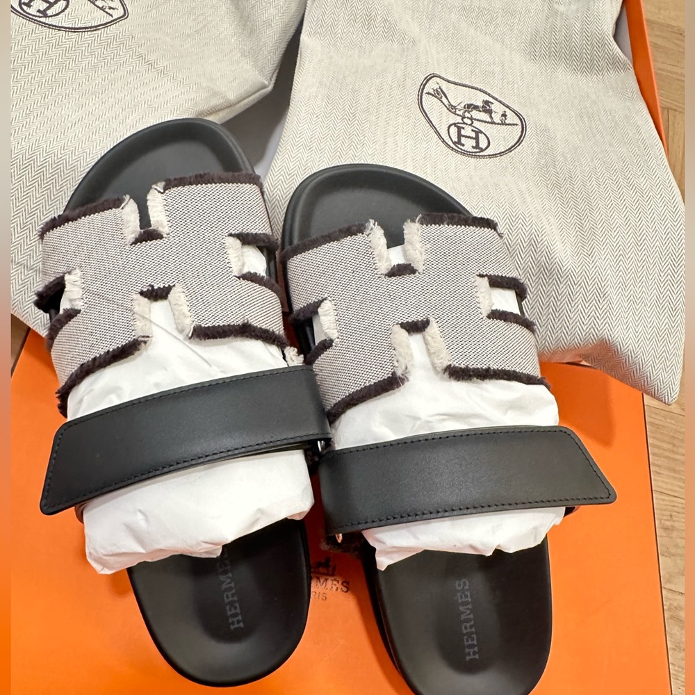 Hermes Chypre fringed H canvas and calfskin Women’s Sandals 37.5 Prunoir Black